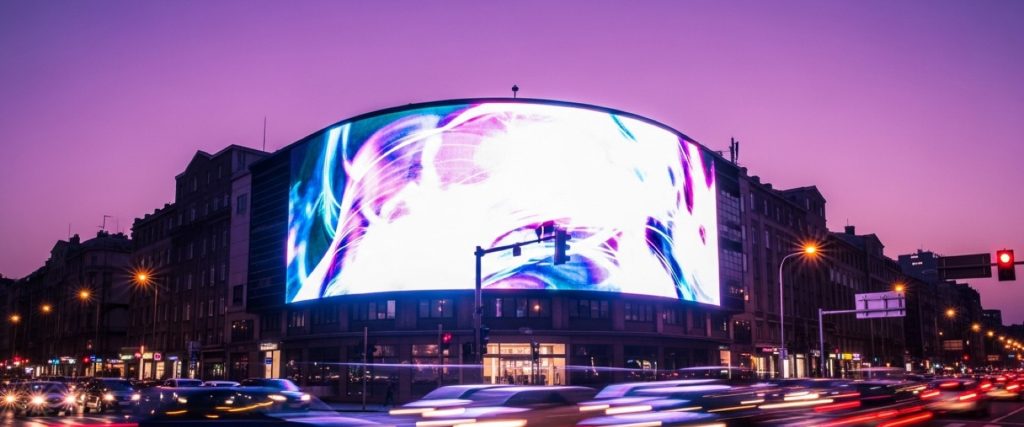 Изогнутый LED-экран с рекламой на фасаде здания вечером